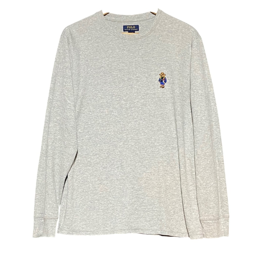 Polo Ralph Lauren Mens Grey‎ Waffle Knit Cowboy Bear Thermal Sleep Shirt Large
